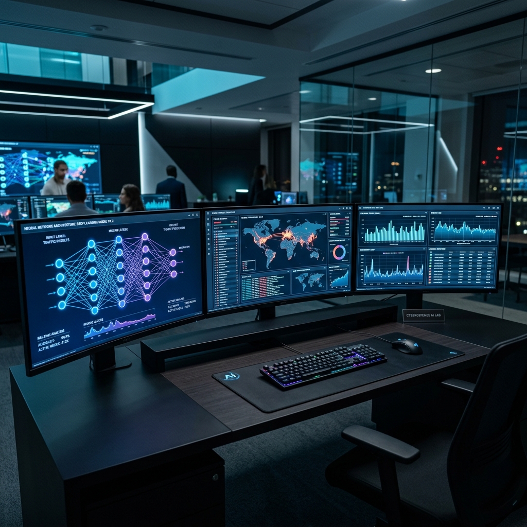A futuristic digital art workstation rendering complex 3d motion graphics on dual curved monitors, dark futuristic office ambient lighting, 8k